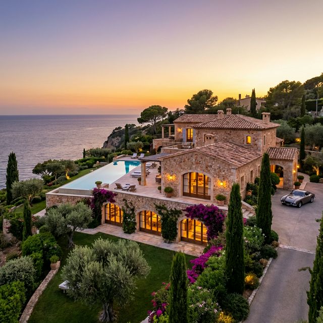 Modern luxury villa with infinity pool at dusk