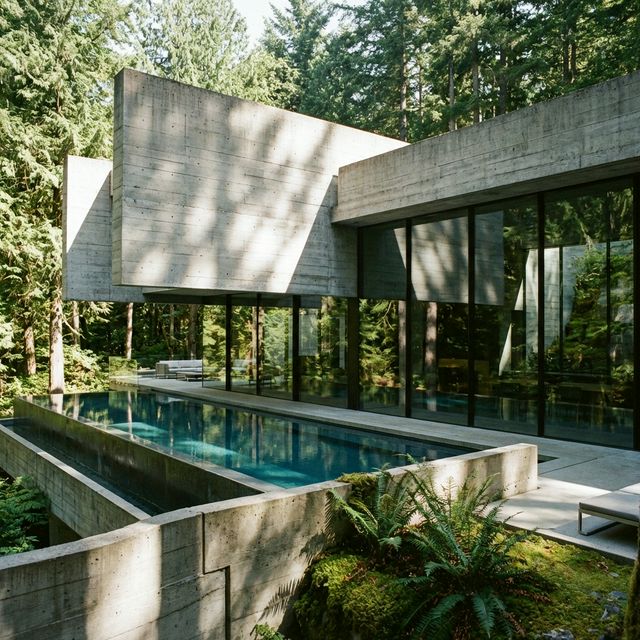 Exterior of a modern concrete brutalist estate surrounded by forest