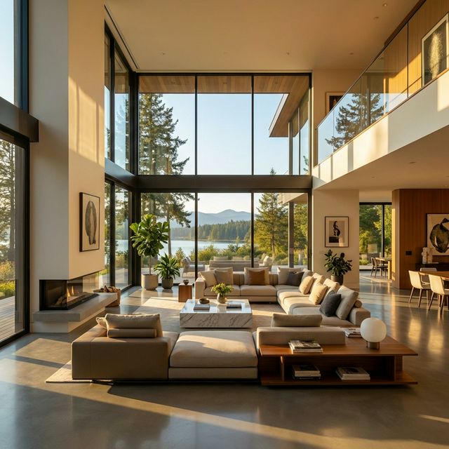 Cinematic luxury modern glass house interior with sunlight streaming through large windows